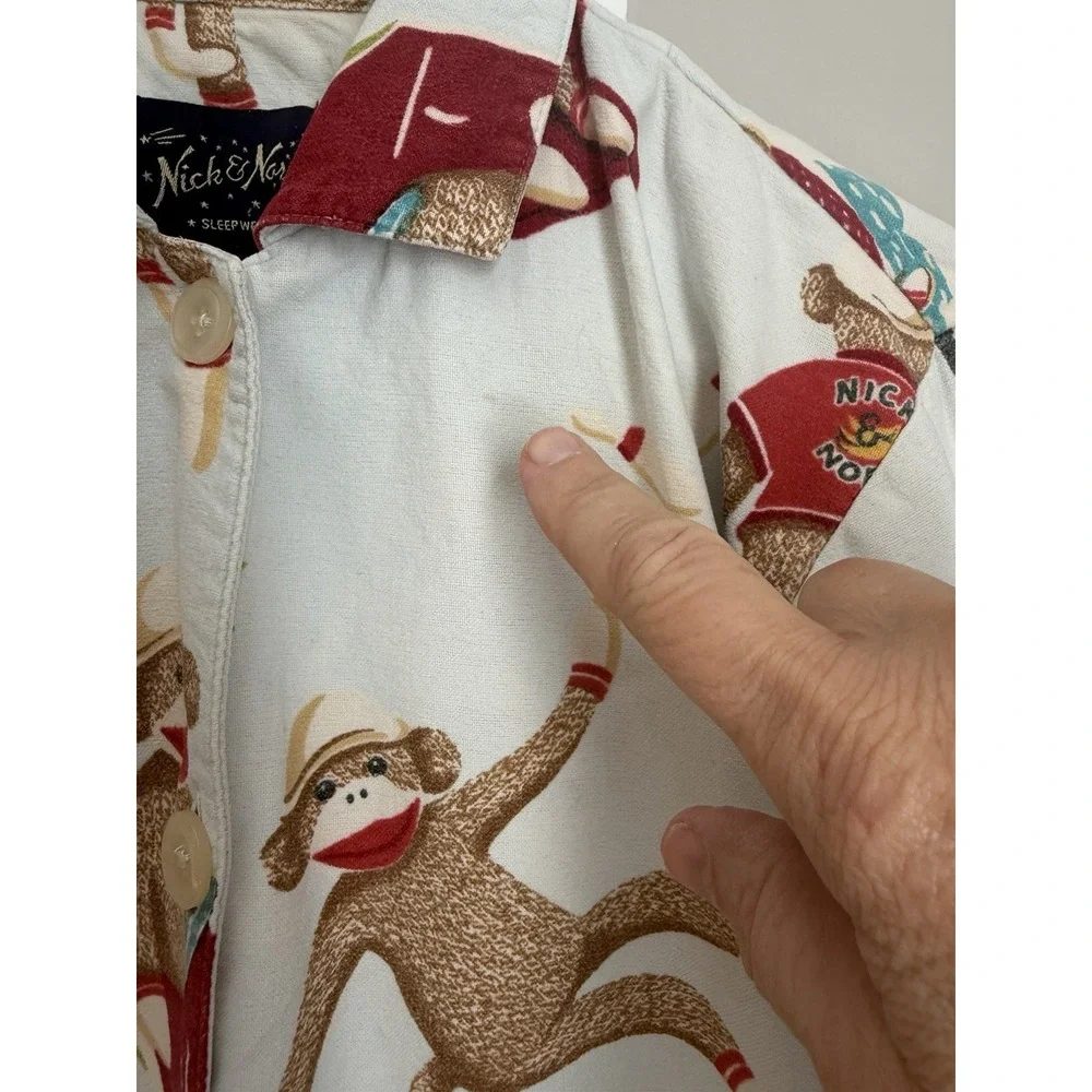Nick & Nora Sock Monkey Pajama Top Sleepwear Womens‎ S Blue Whimsical Loungewear